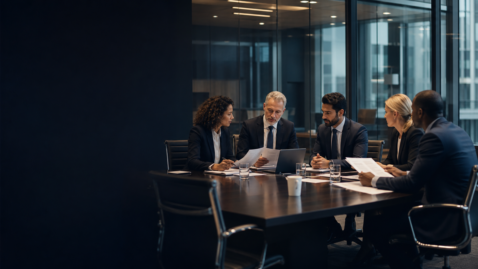 Board members in a professional office meeting, reviewing governance documents around a boardroom table.